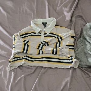 🐚 Gray, Yellow and Navy Blue Striped Long Sleeve Crop-top | SIZE: XL